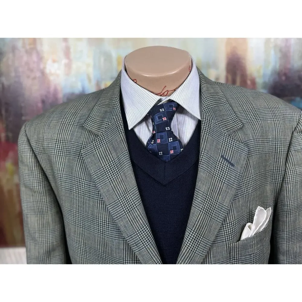 Ermenegildo Zegna Soft Blue Tan Glen Plaid Linen Wool Mohair Sport Coat 46R 56IT